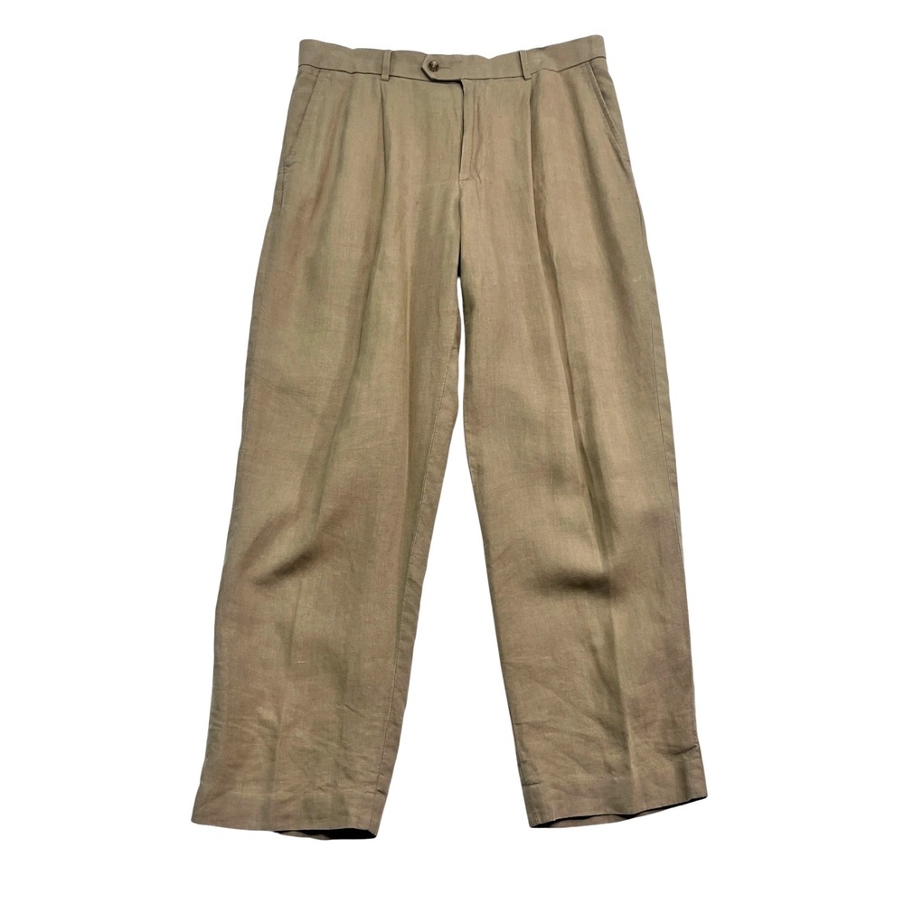 vtg Y2K Murano 36x30 Tan Khaki 100% Linen Pants Trousers Pleated Lightweight